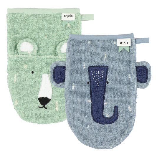 A pair of washable mitts made from organic cotton, showcasing a charming design for animal lovers