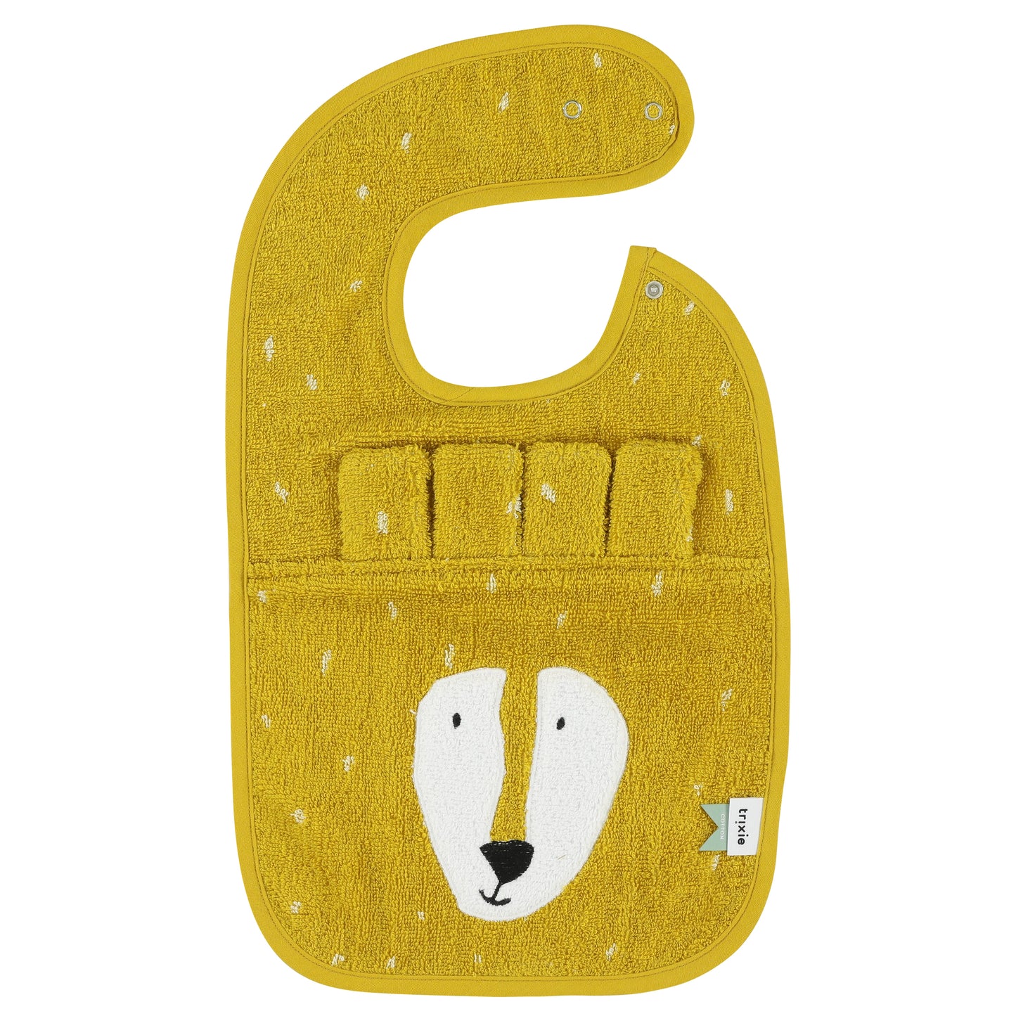 A soft terry bib featuring a playful design, perfect for making feeding time enjoyable for children.