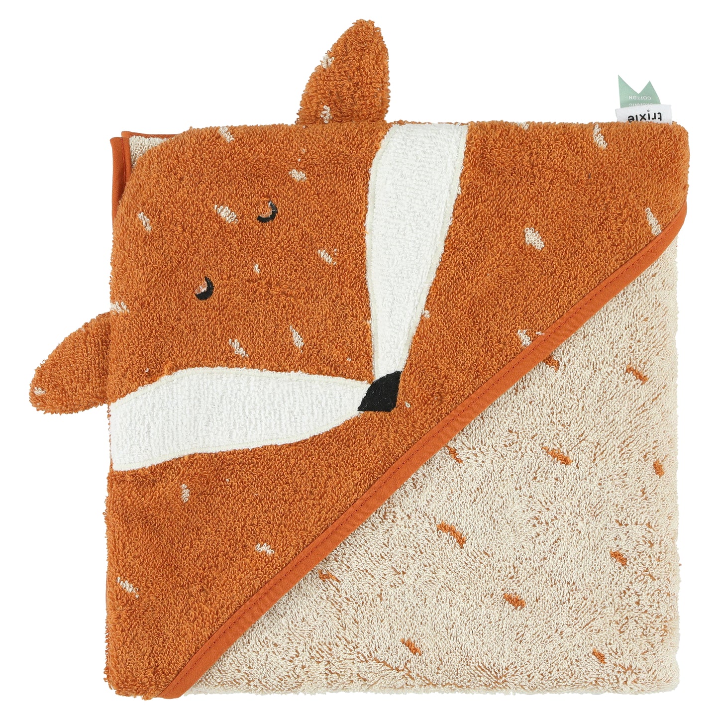 Organic cotton towel with an animal hood, designed for children and easily washable.