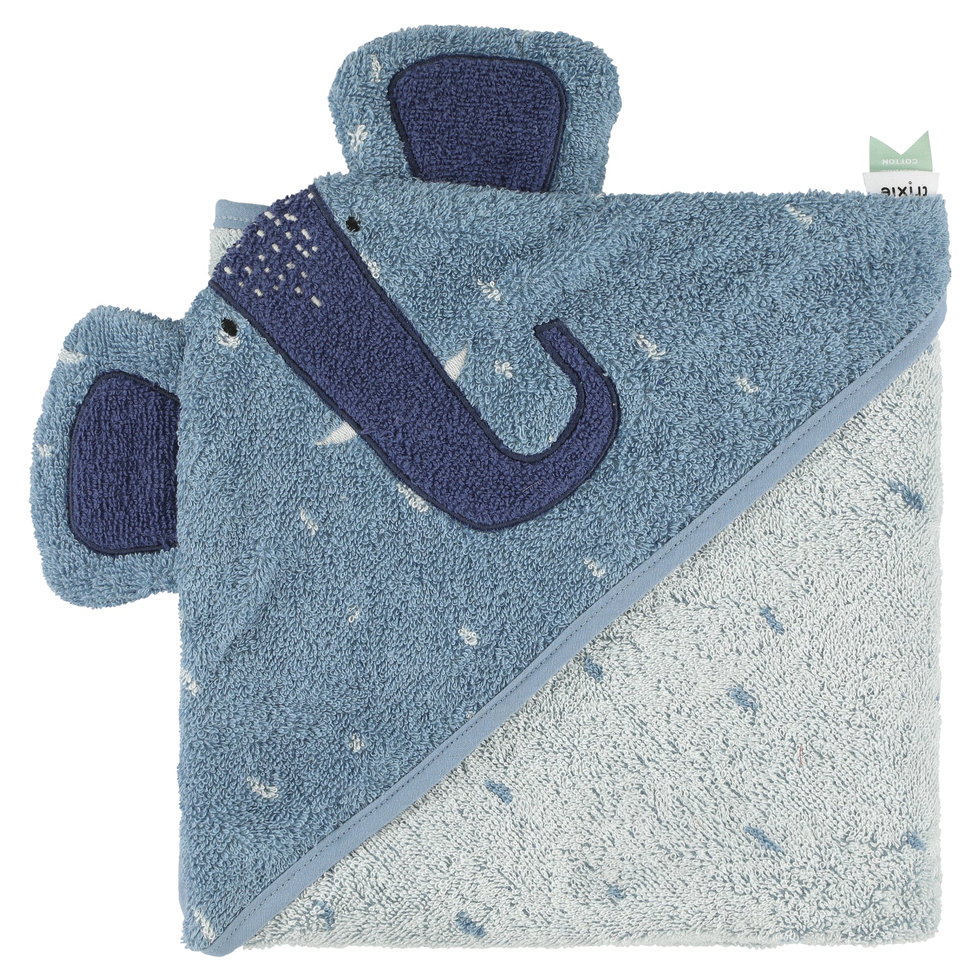 Organic cotton towel with an animal hood, designed for children and easily washable.