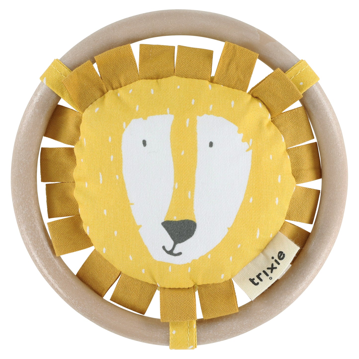 A animal head rattle with crinkle paper sits atop a wooden circle designed for easy grip.