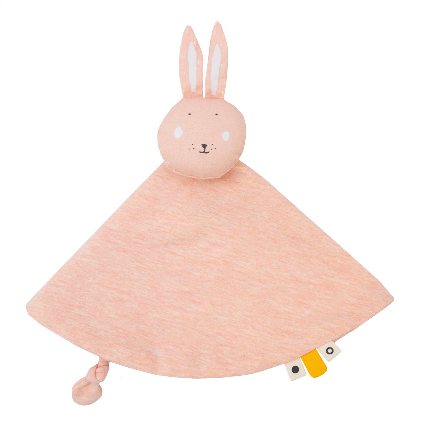 A soft toy with a friendly face, designed as a baby comforter for easy gripping.