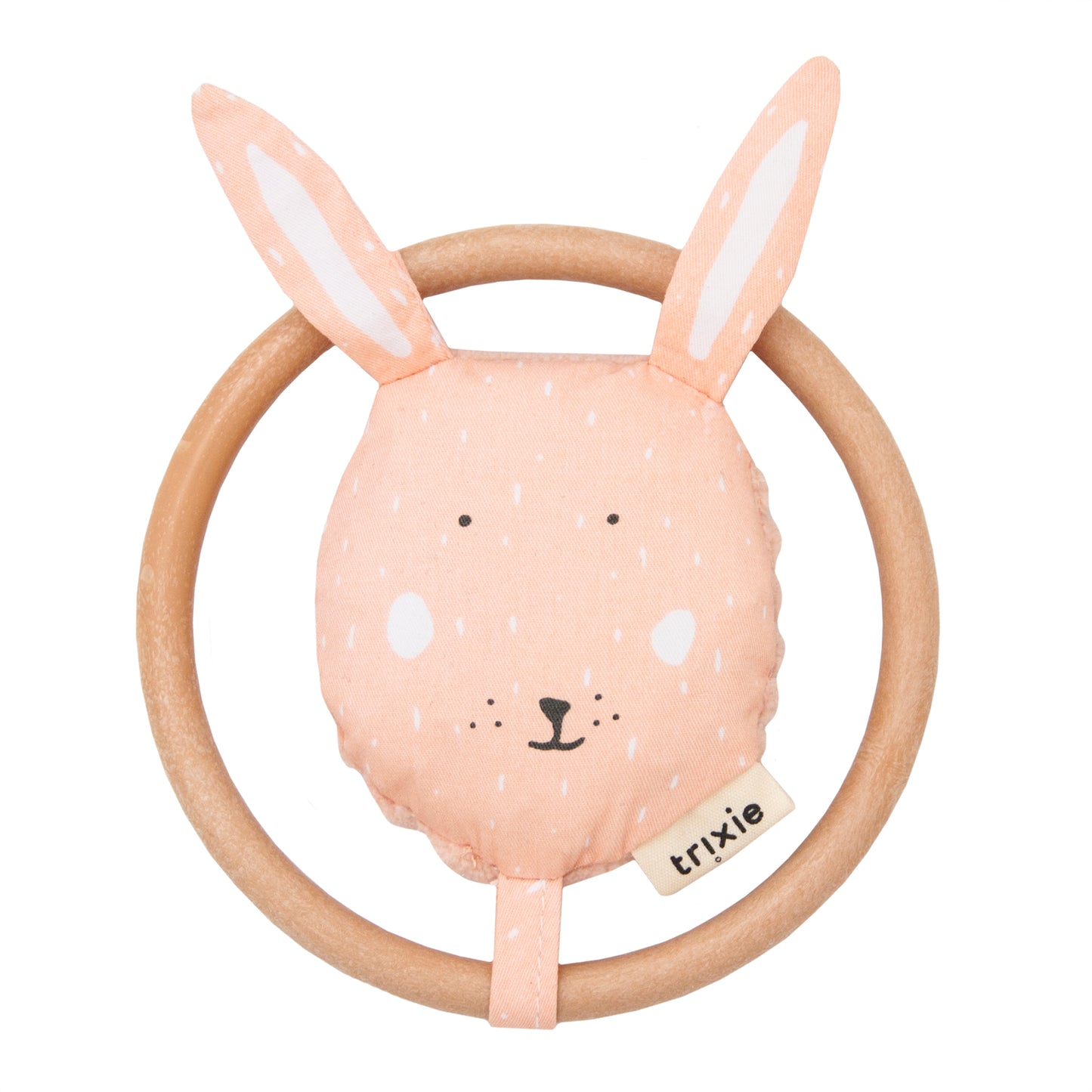 A animal head rattle with crinkle paper sits atop a wooden circle designed for easy grip.