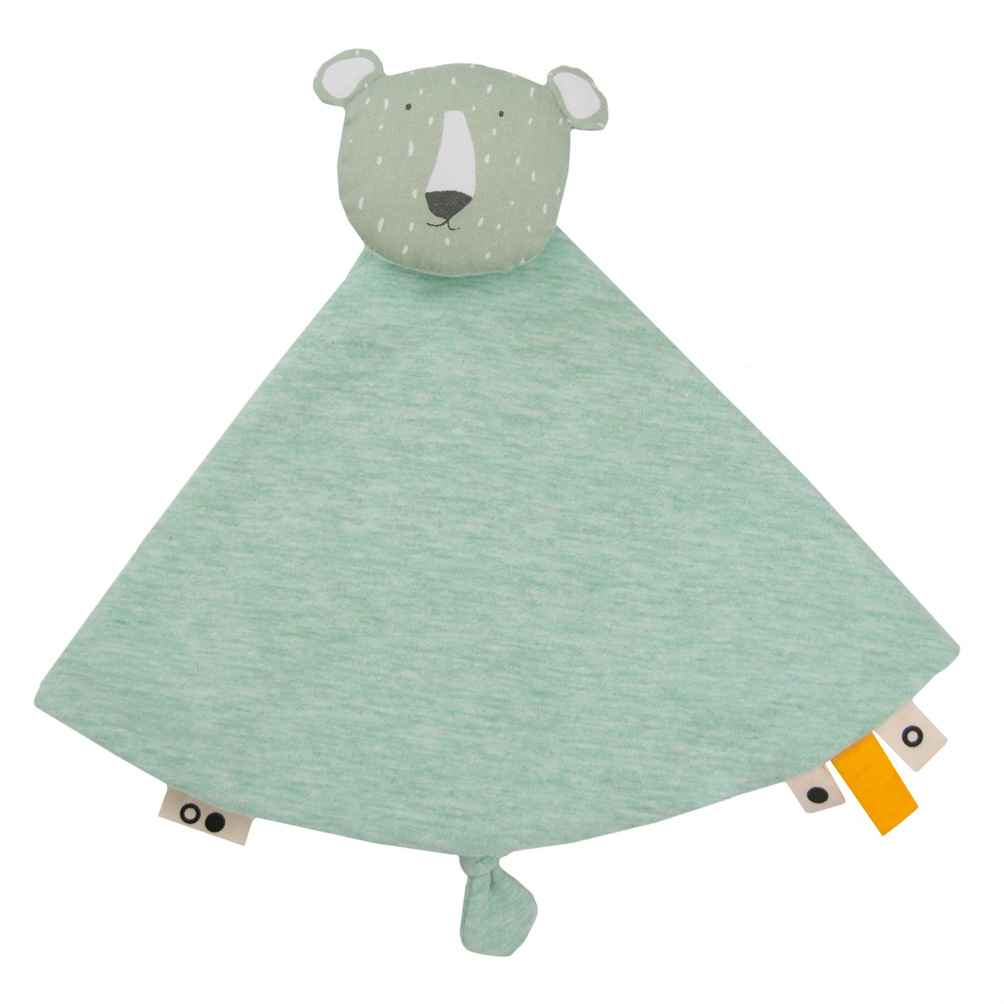 A soft toy with a friendly face, designed as a baby comforter for easy gripping.