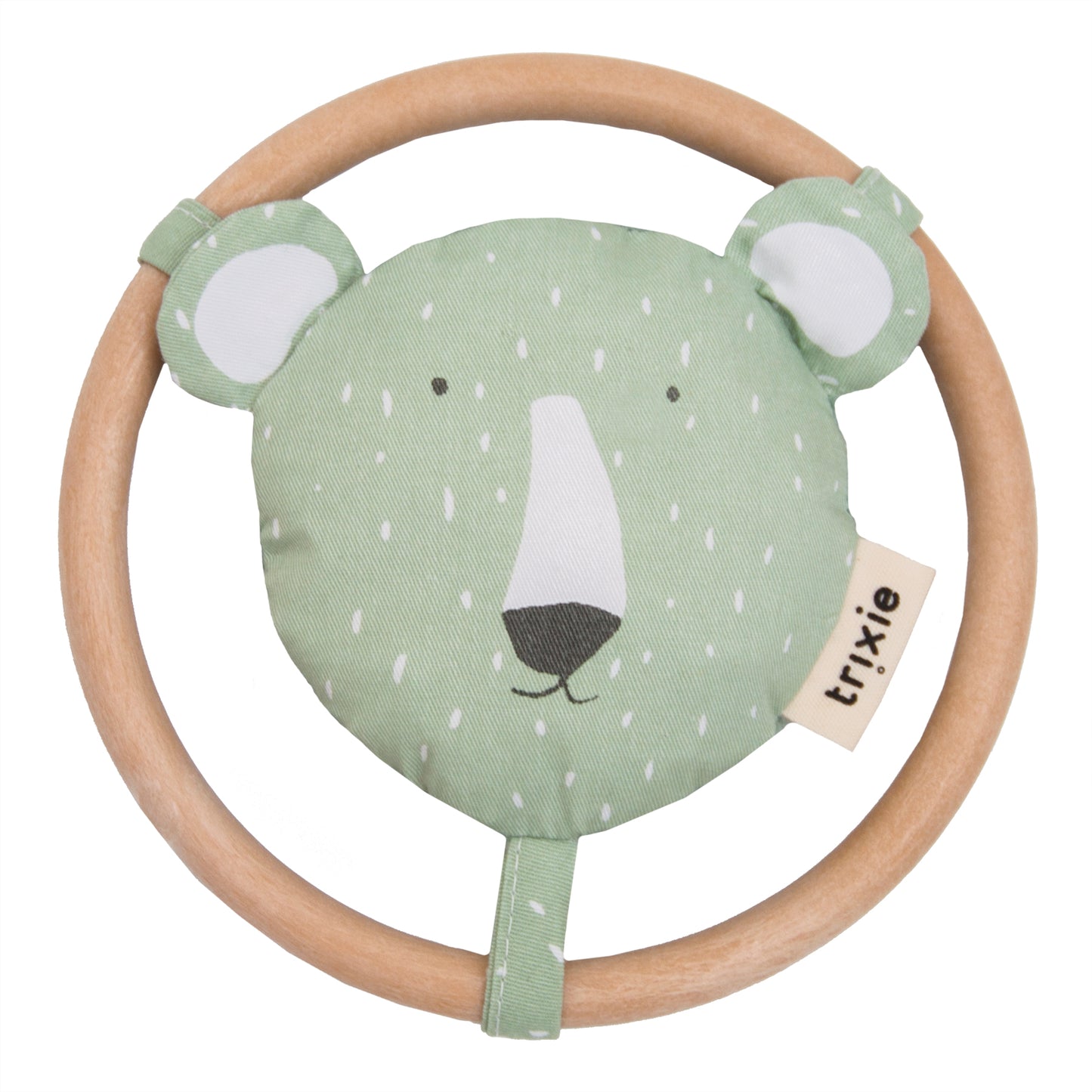 A animal head rattle with crinkle paper sits atop a wooden circle designed for easy grip.