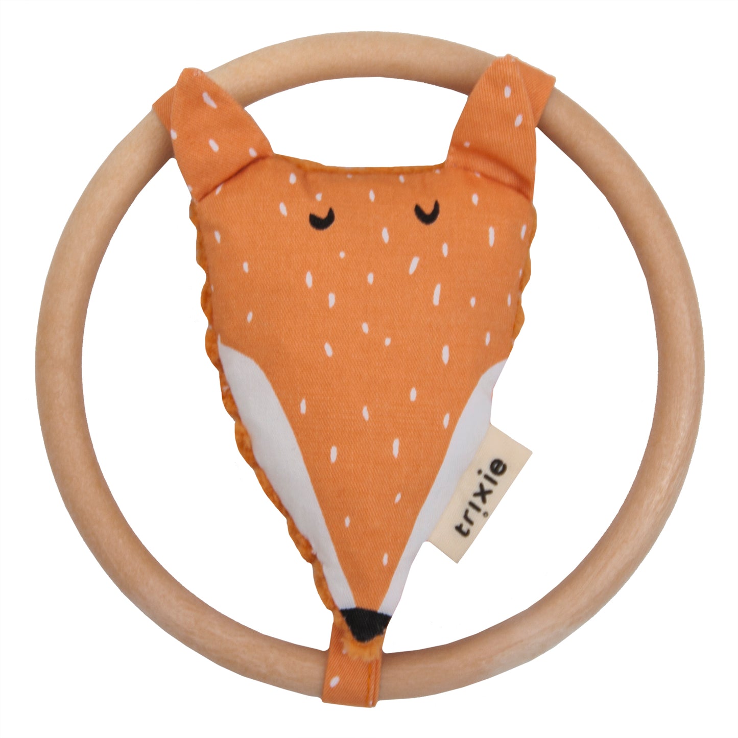 A animal head rattle with crinkle paper sits atop a wooden circle designed for easy grip.