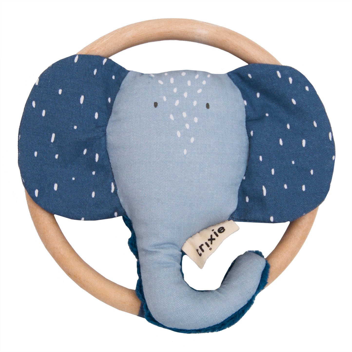 A animal head rattle with crinkle paper sits atop a wooden circle designed for easy grip.