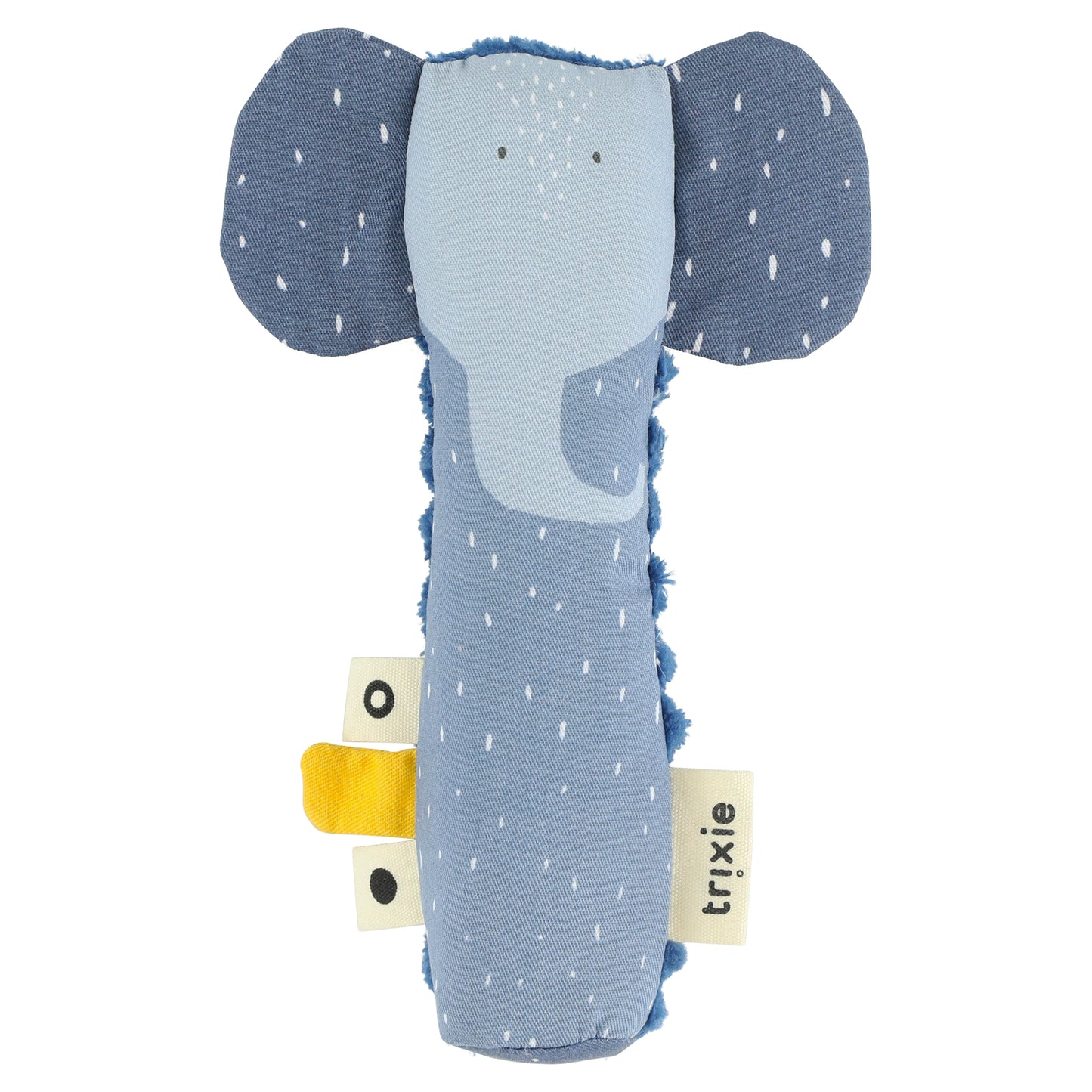 A cheerful wrist rattle, soft and machine washable, perfect for infants