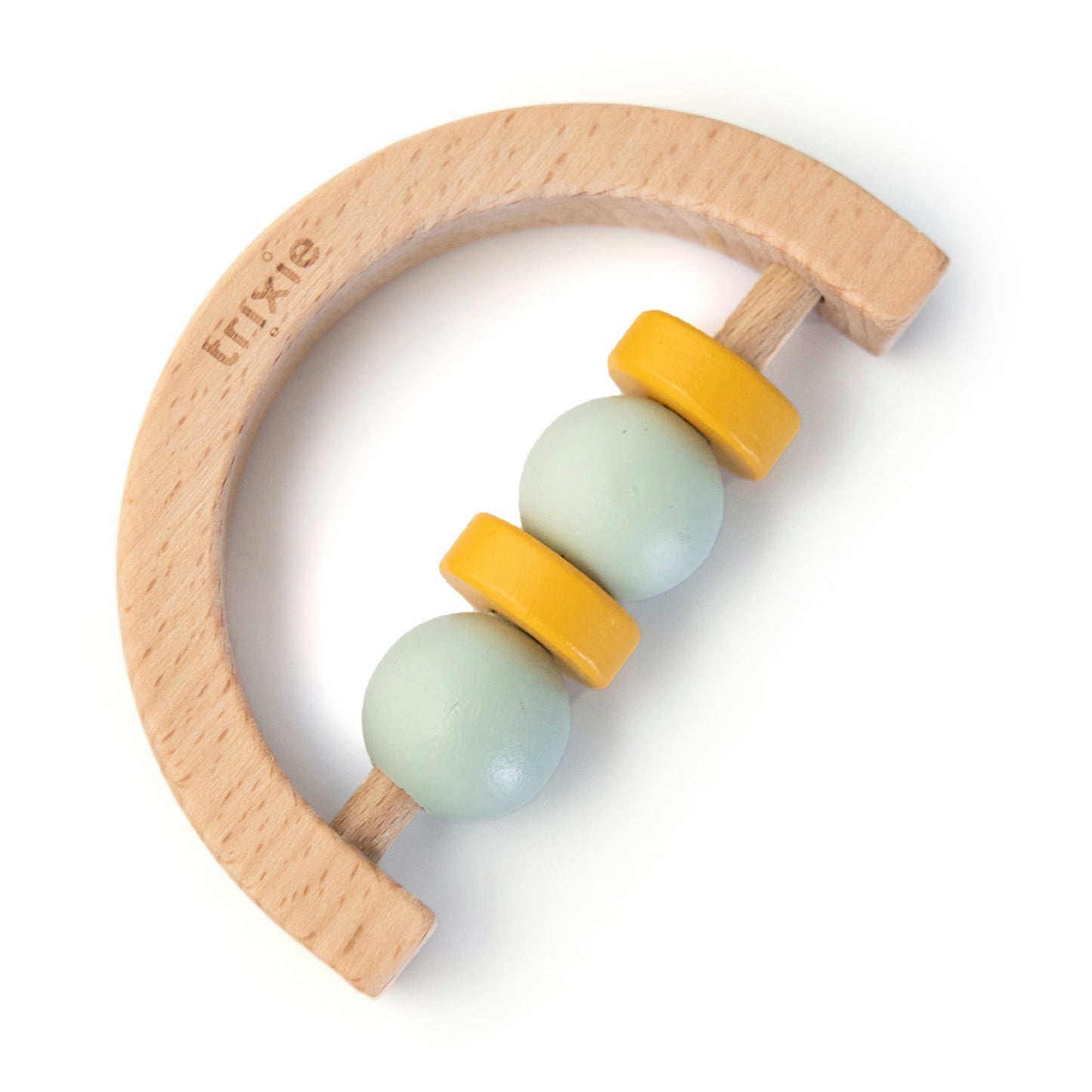 A wooden half-circle rattle featuring coloured beads, designed for easy grip and playful engagement.