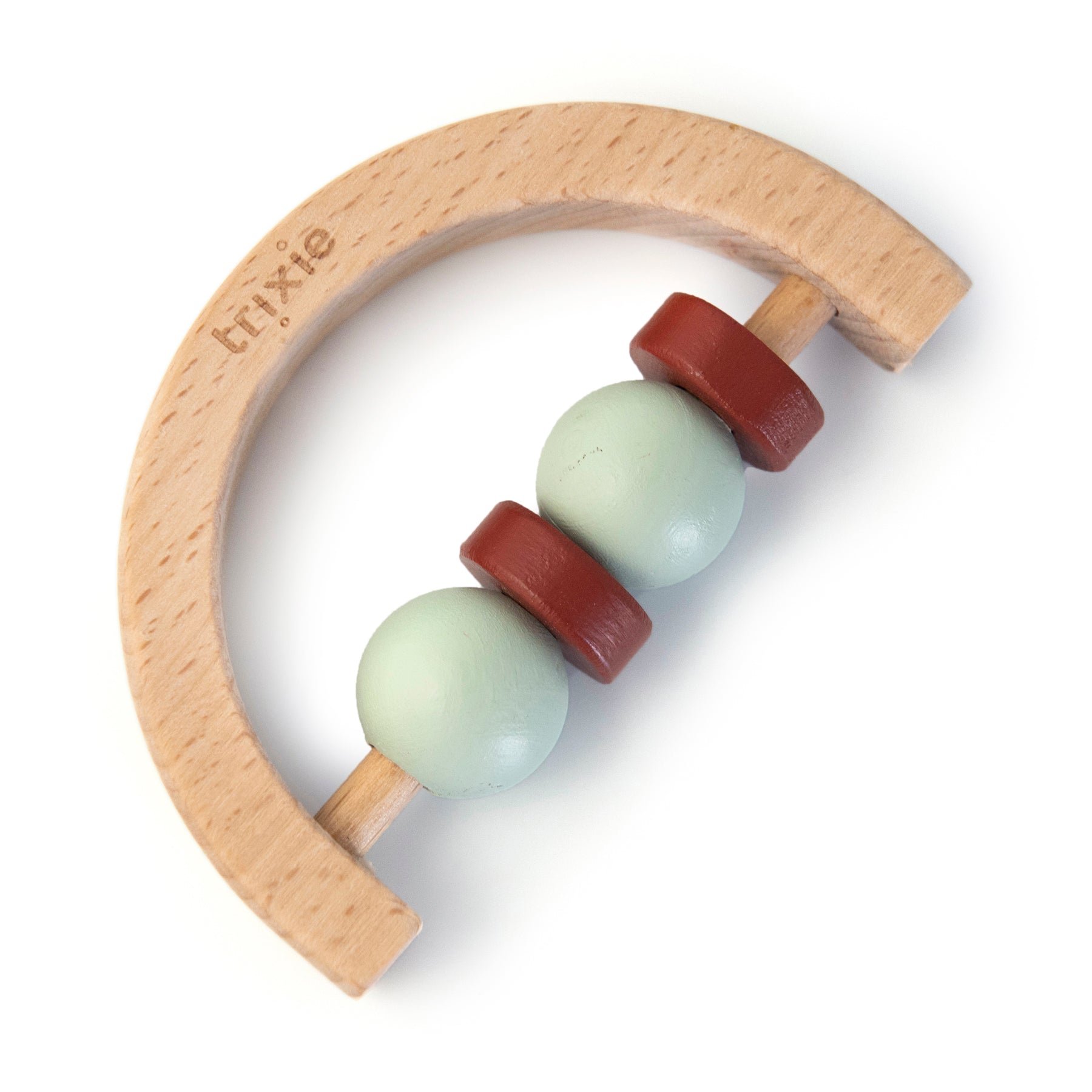 A wooden half-circle rattle featuring coloured beads, designed for easy grip and playful engagement.