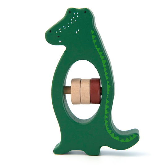 A wooden rattle designed for easy grip and perfect for playful, animal-themed fun.