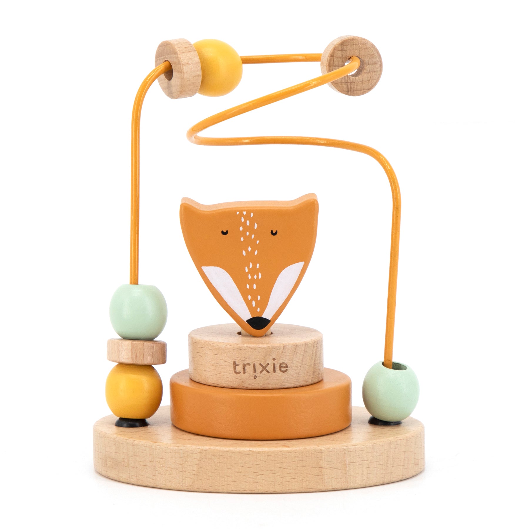 A wooden toy integrated into an animal-themed bead maze, appropriate for children from 12 months.