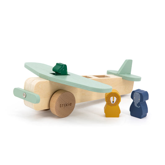  A wooden airplane featuring animal friends, symbolizing creativity and fun in playtime.
