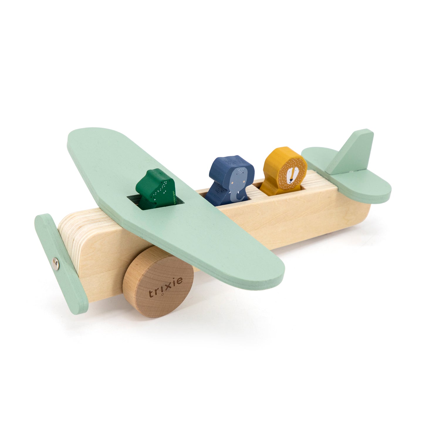  A wooden airplane featuring animal friends, symbolizing creativity and fun in playtime.