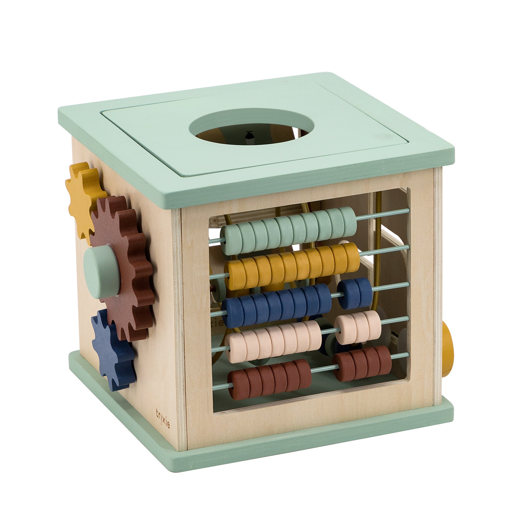 A colourful wooden activity cube perfect for interactive animal-themed fun.