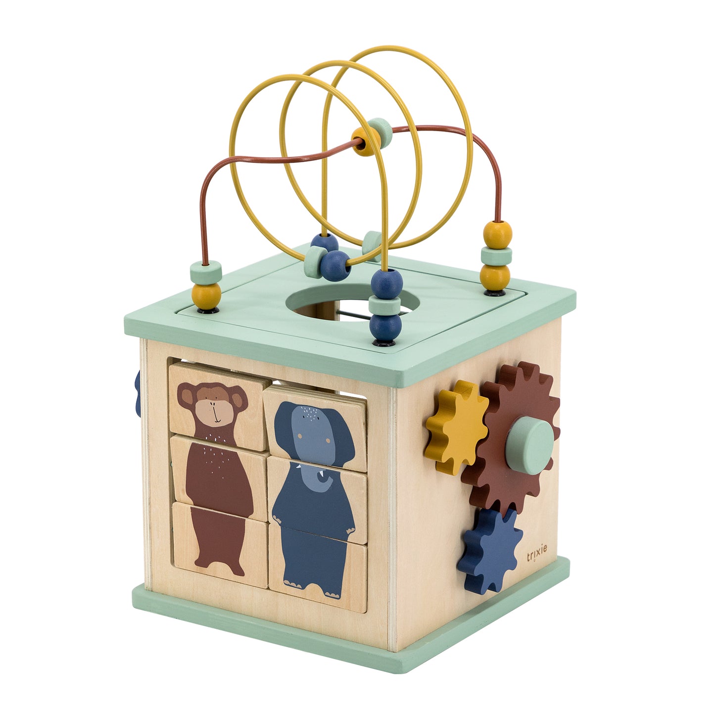 A colourful wooden activity cube perfect for interactive animal-themed fun.