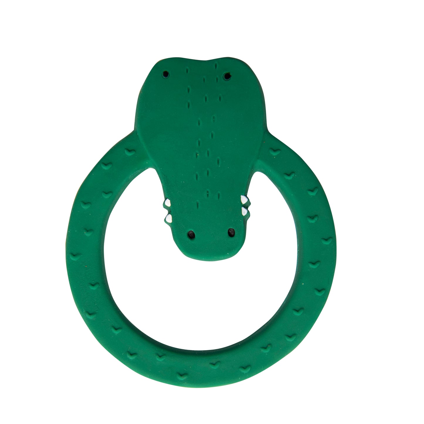 A natural rubber teether, suitable for teething and bath, crafted without openings to prevent mould