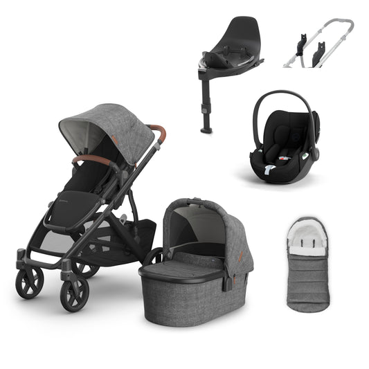 UPPAbaby vista v3 in Greyson with a cloud t, base t and cosy ganoosh footmuff