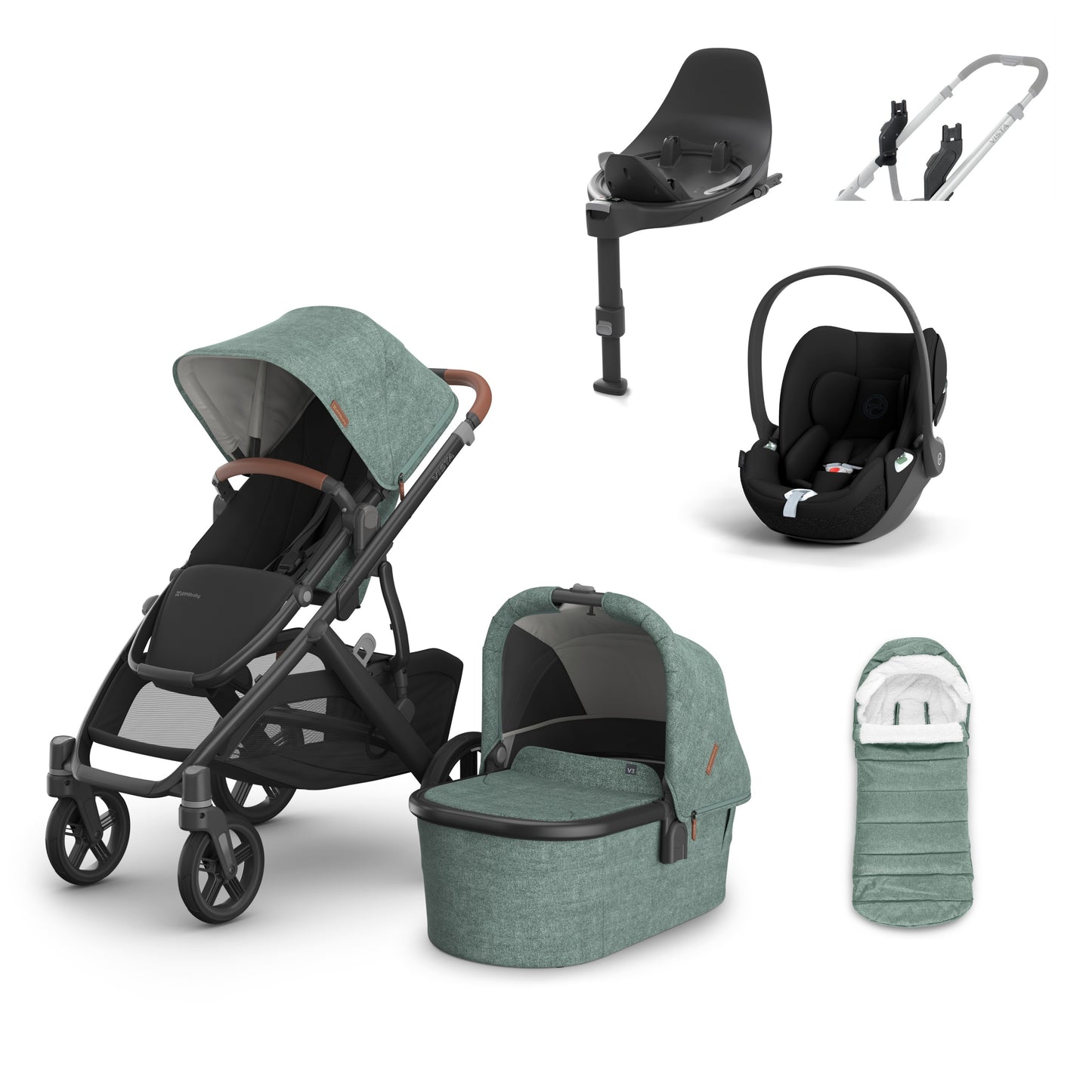 UPPAbaby vista v3 in Gwen with a cloud t, base t and cosy ganoosh footmuff