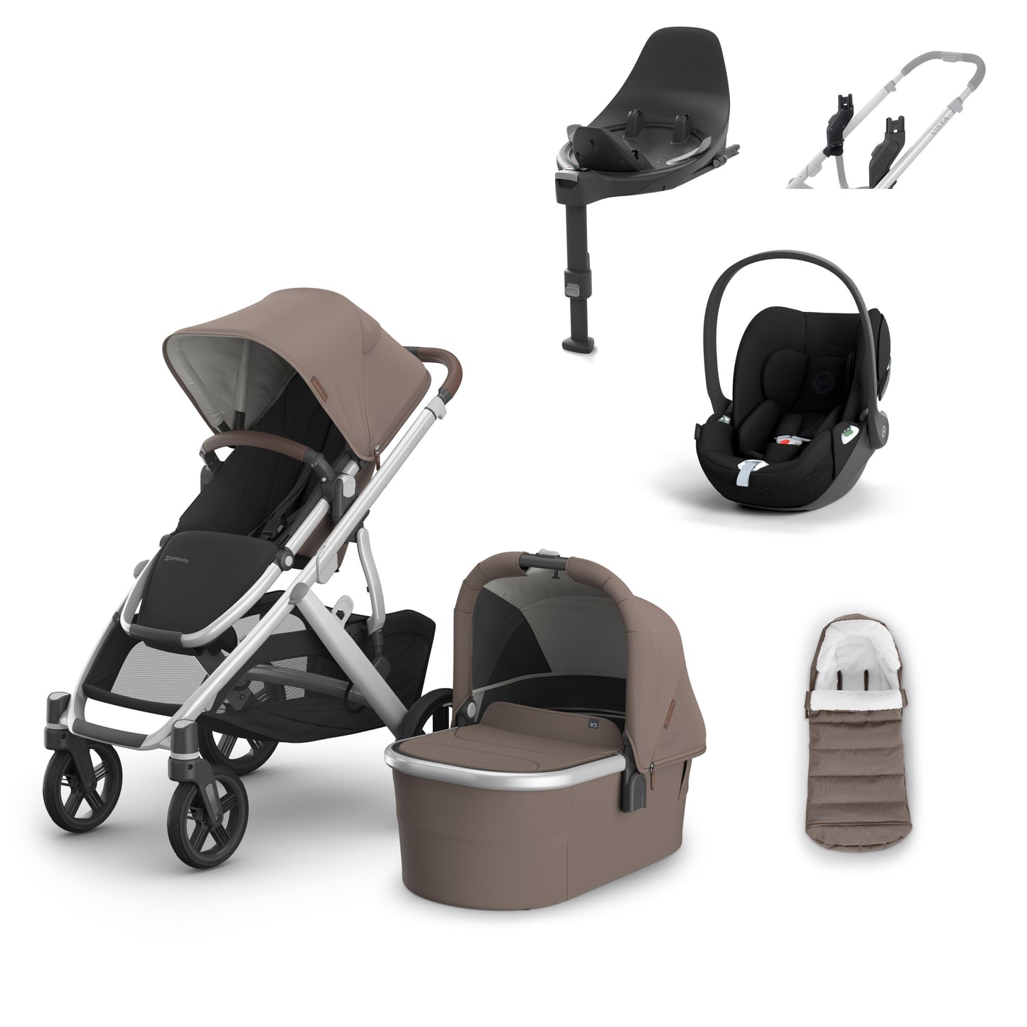 UPPAbaby vista v3 in Theo with a cloud t, base t and cosy ganoosh footmuff