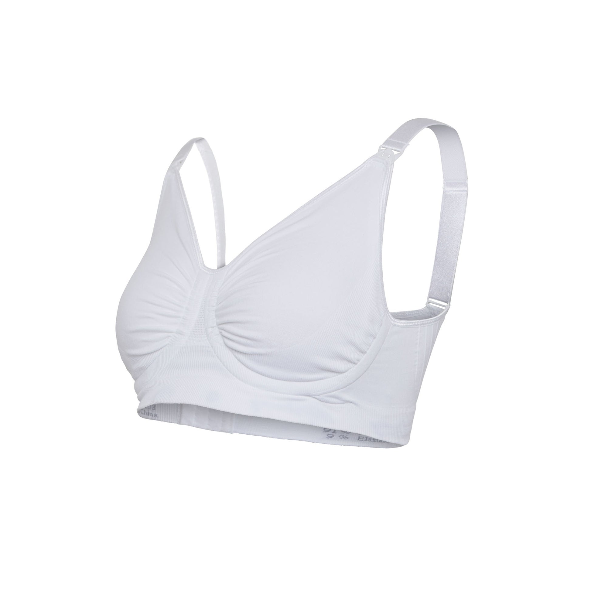 Nursing bra designed for maternity use, featuring carri-gel support and a bra extender.