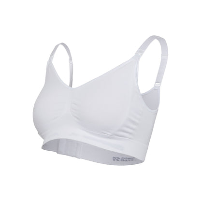 A seamless white maternity and nursing bra top with extenders for maximum skin-to-skin contact.