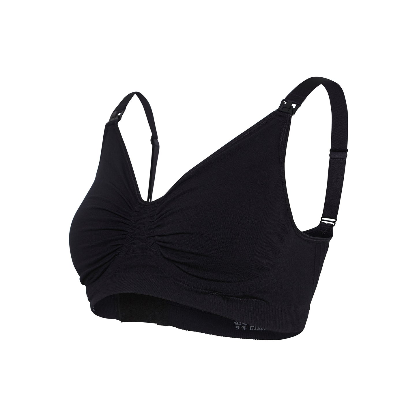 Nursing bra designed for maternity use, featuring carri-gel support and a bra extender.