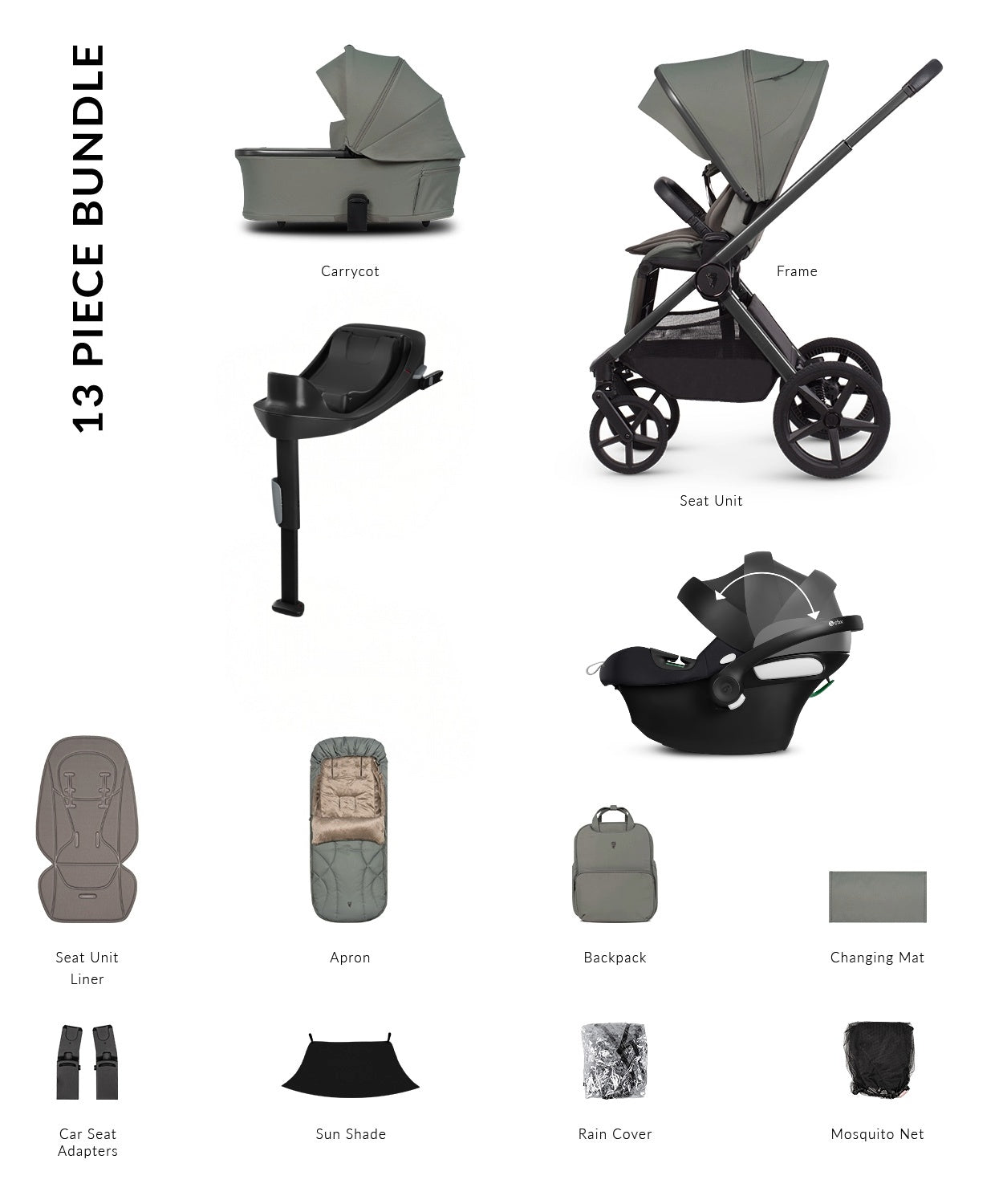 Venicci Upline 3 in aloe colourway complete with accessories and atonb2 car seat and base.