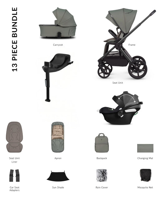 Venicci Upline 3 in aloe colourway complete with accessories and atonb2 car seat and base.