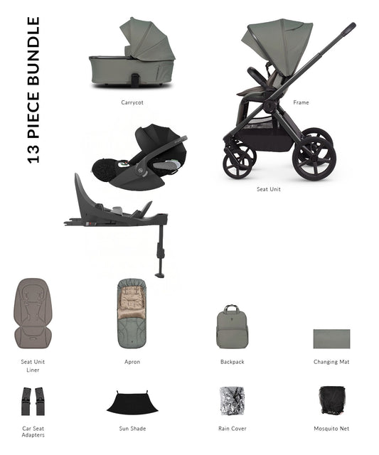 Venicci Upline 3 in aloe colourway complete with accessories and cloud t car seat and base.