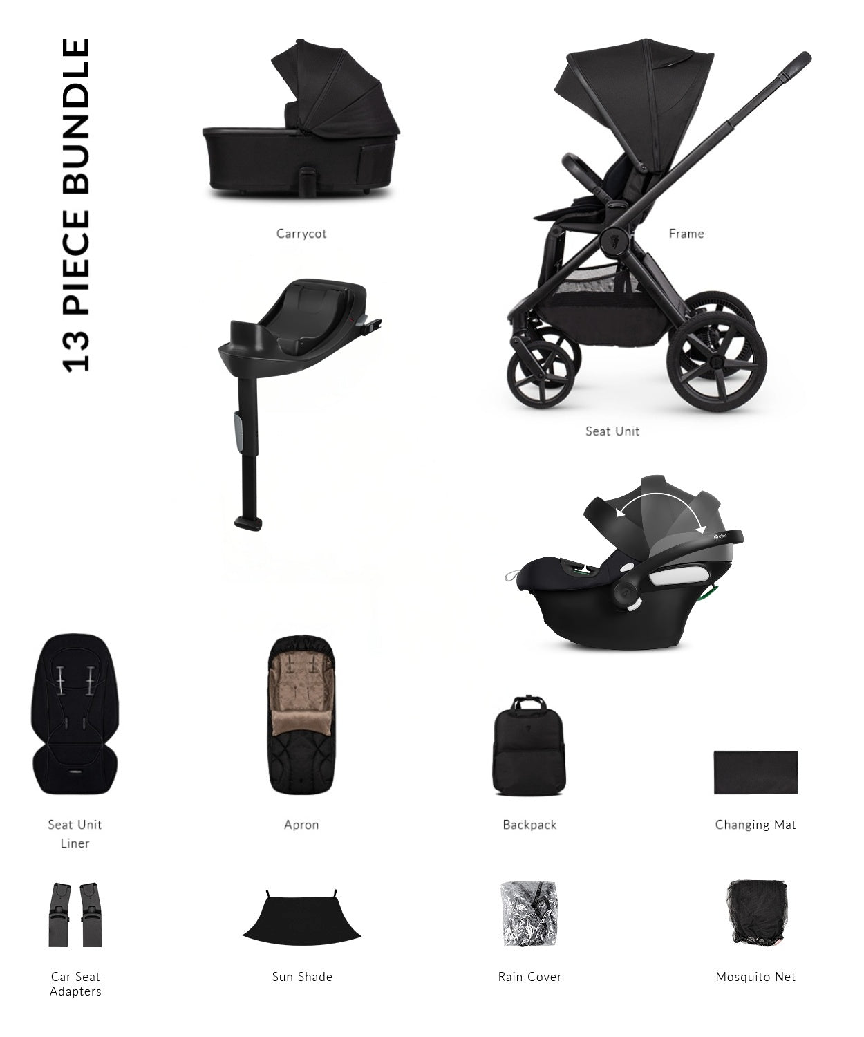 Venicci Upline 3 in onyx black colourway complete with accessories and atonb2 car seat and base.