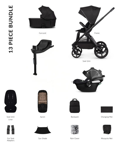 Venicci Upline 3 in onyx black colourway complete with accessories and atonb2 car seat and base.