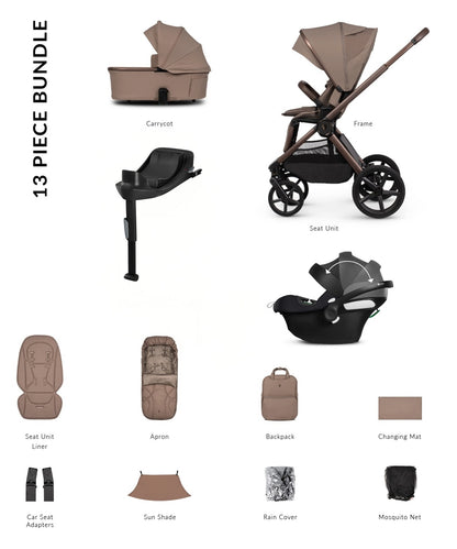 Venicci Upline 3 in sand colourway complete with accessories and atonb2 car seat and base.