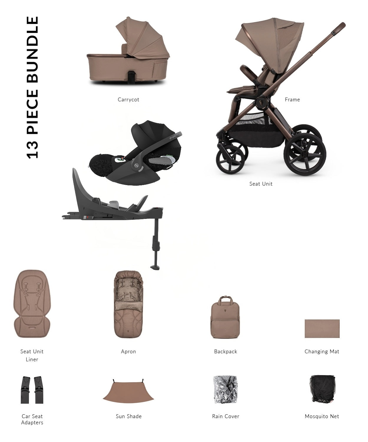 Venicci Upline 3 in sand colourway complete with accessories and cloud t car seat and base.
