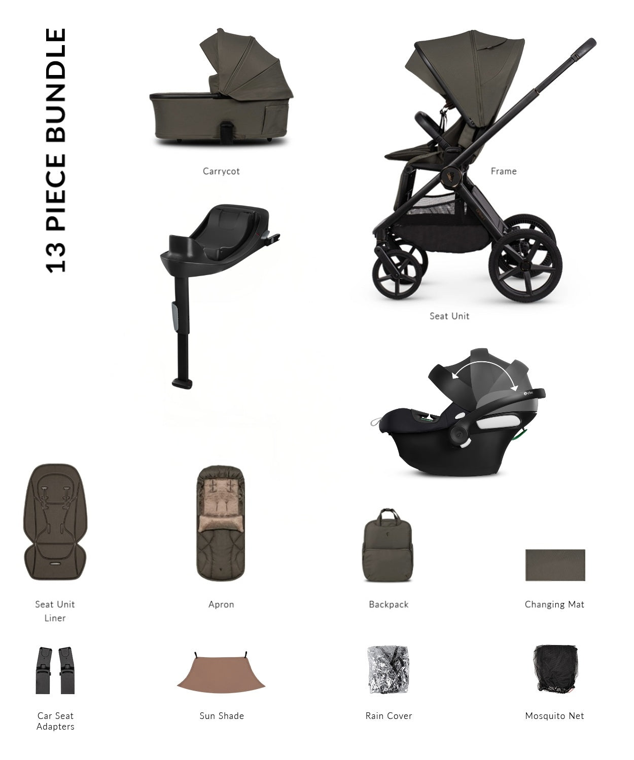 Venicci Upline 3 in truffle colourway complete with accessories and atonb2 car seat and base.
