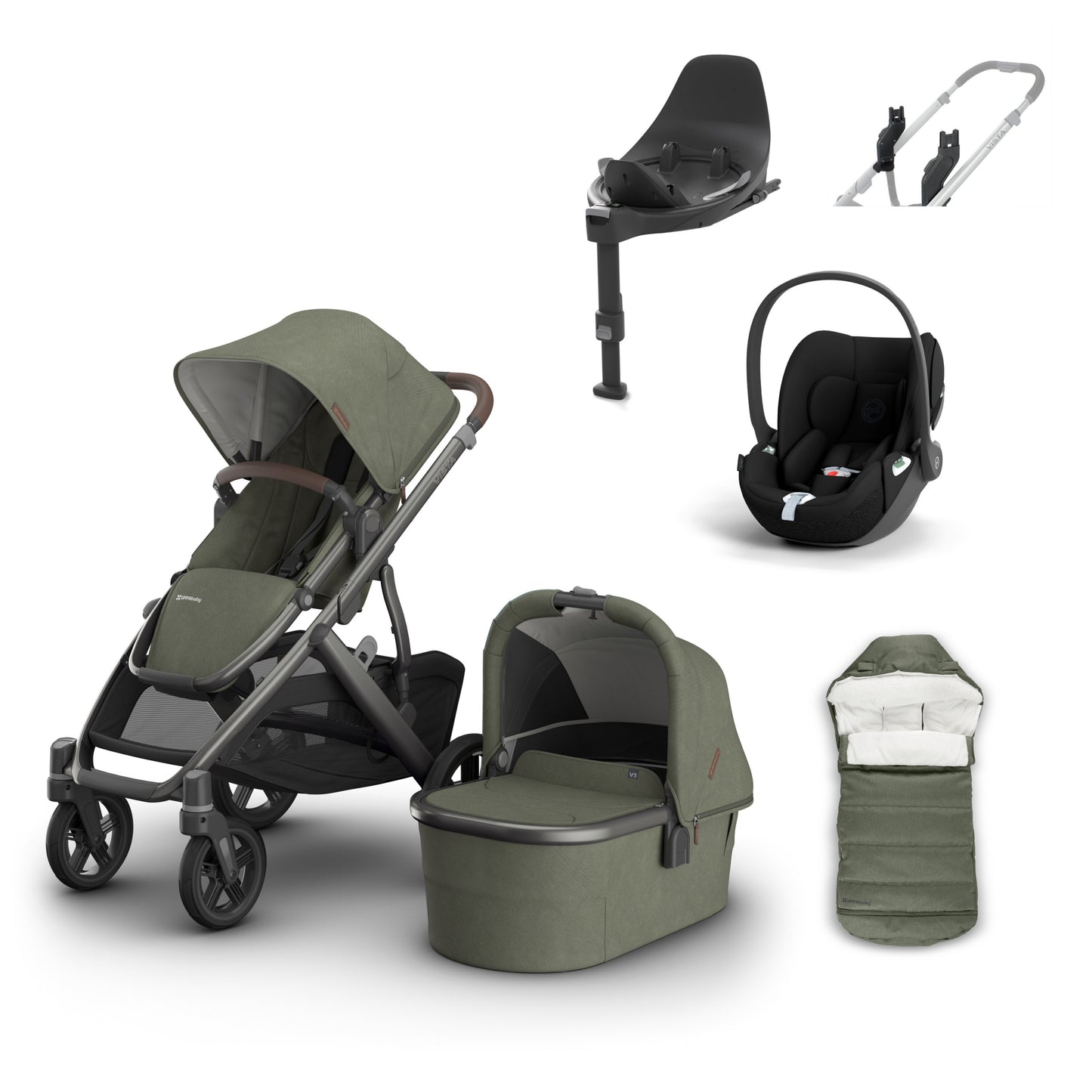 UPPAbaby vista v3 in Evelyn with a cloud t, base t and cosy ganoosh footmuff