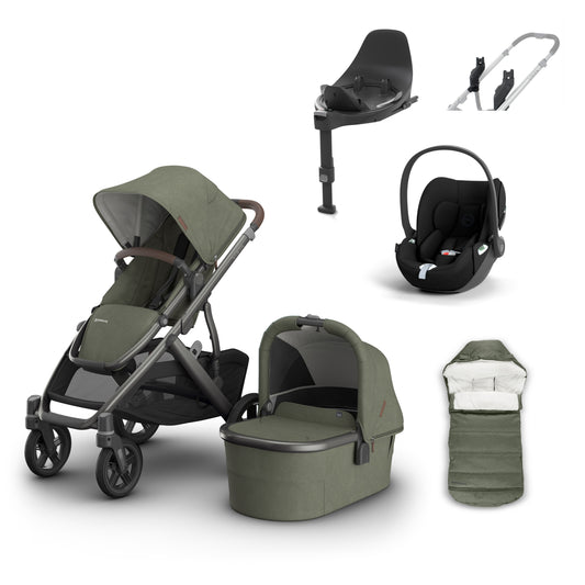 UPPAbaby vista v3 in Evelyn with a cloud t, base t and cosy ganoosh footmuff