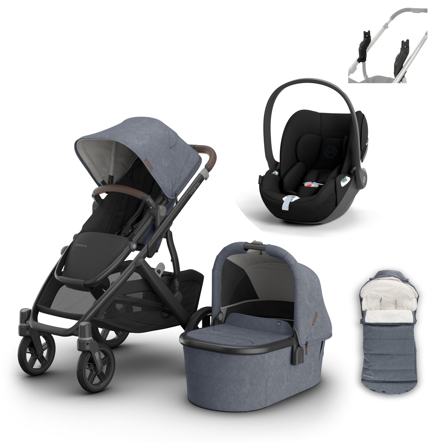 UPPAbaby vista v3 in Julian with a cloud t and cosy ganoosh footmuff