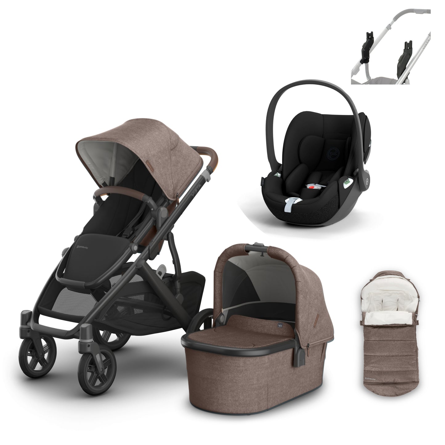 UPPAbaby vista v3 in Owen with a cloud t and cosy ganoosh footmuff