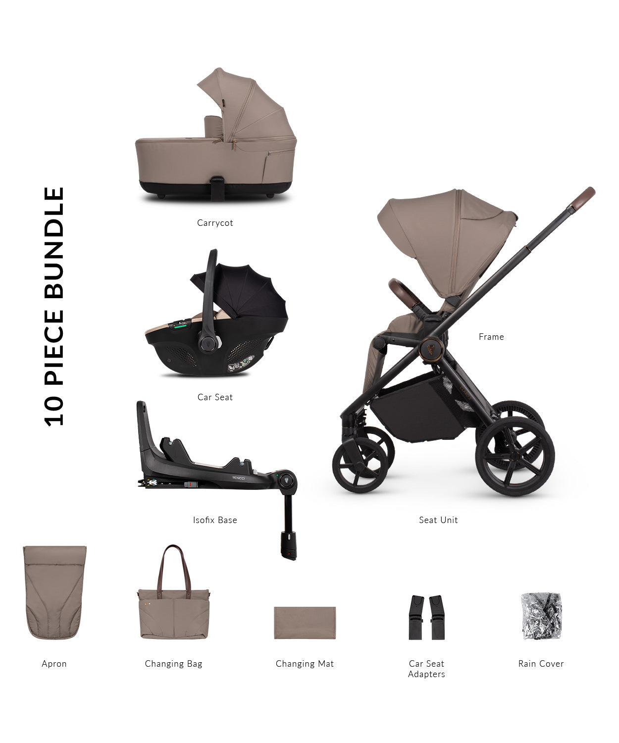 Venicci Claro 2 travel system in almond beige with tiago car seat and isofix base.