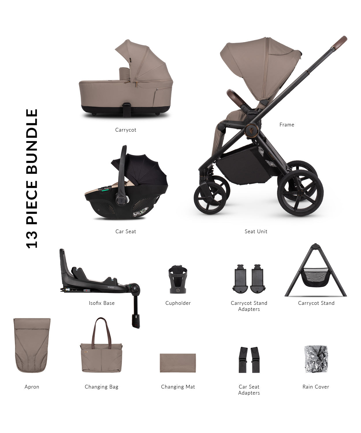Venicci Claro 2 pram travel system in almond beige colour, with car seat and isofix base, carrycot stand and accessories.
