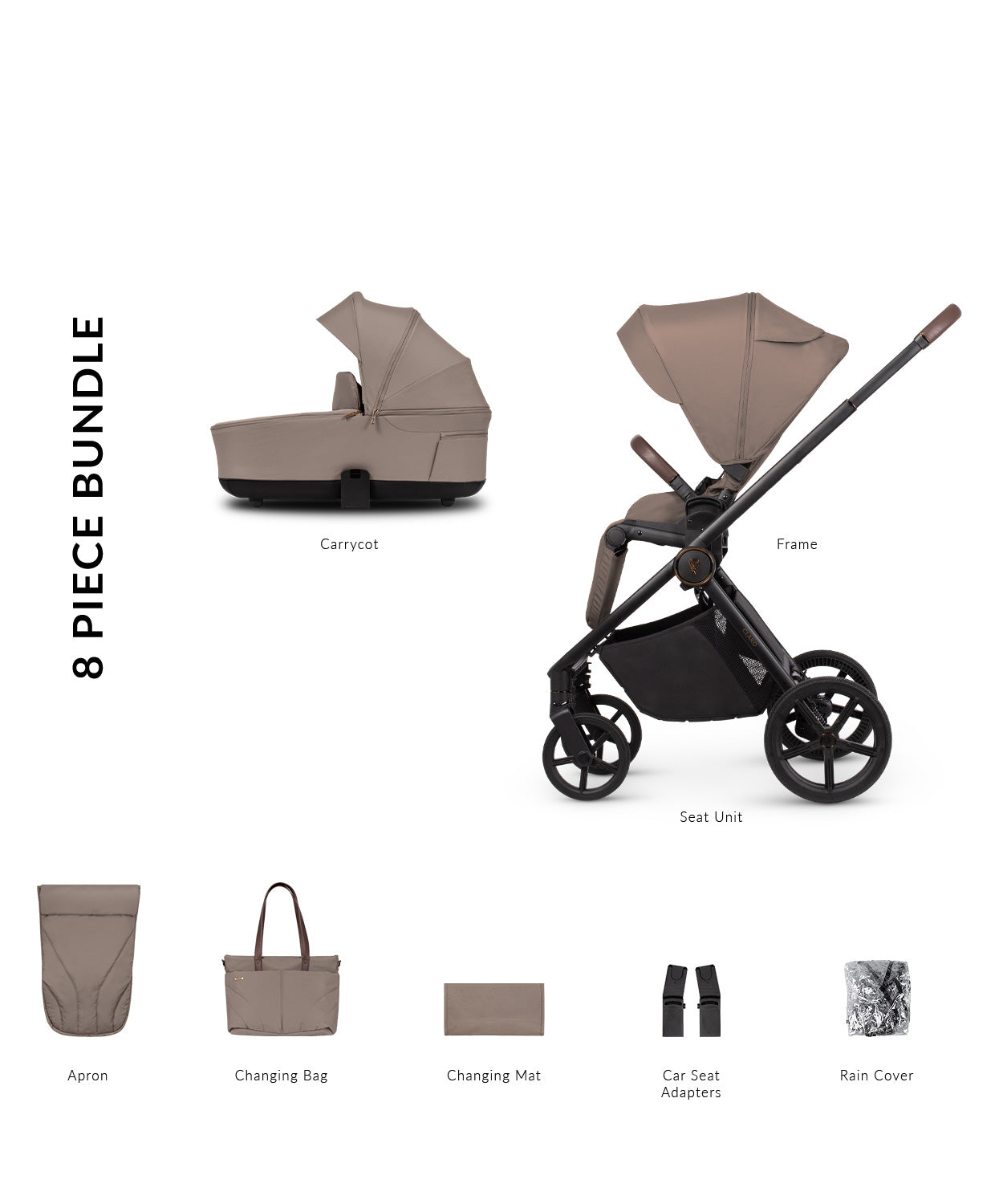 Venicci Claro 2 Stroller and carrycot in almond beige colour with accessories.