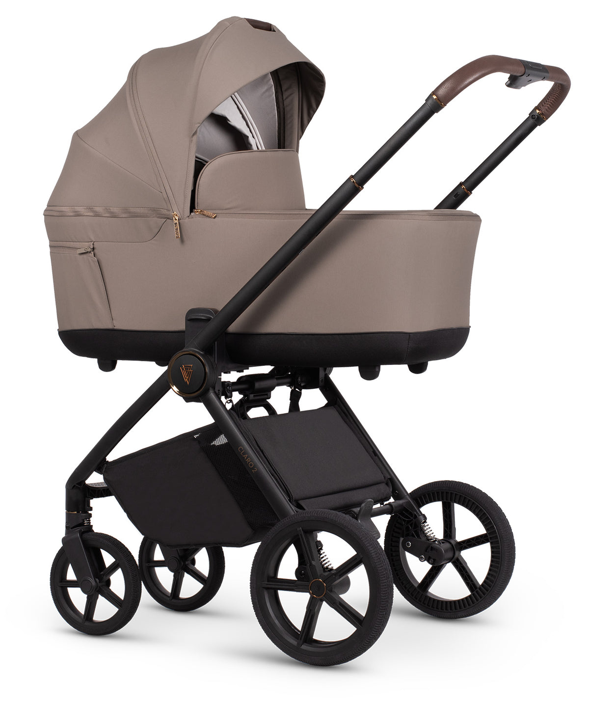 Veicci Claro 2 travel system in almond beige colour with matching accessories, complete with cybex cloud S car seat and isofix base.