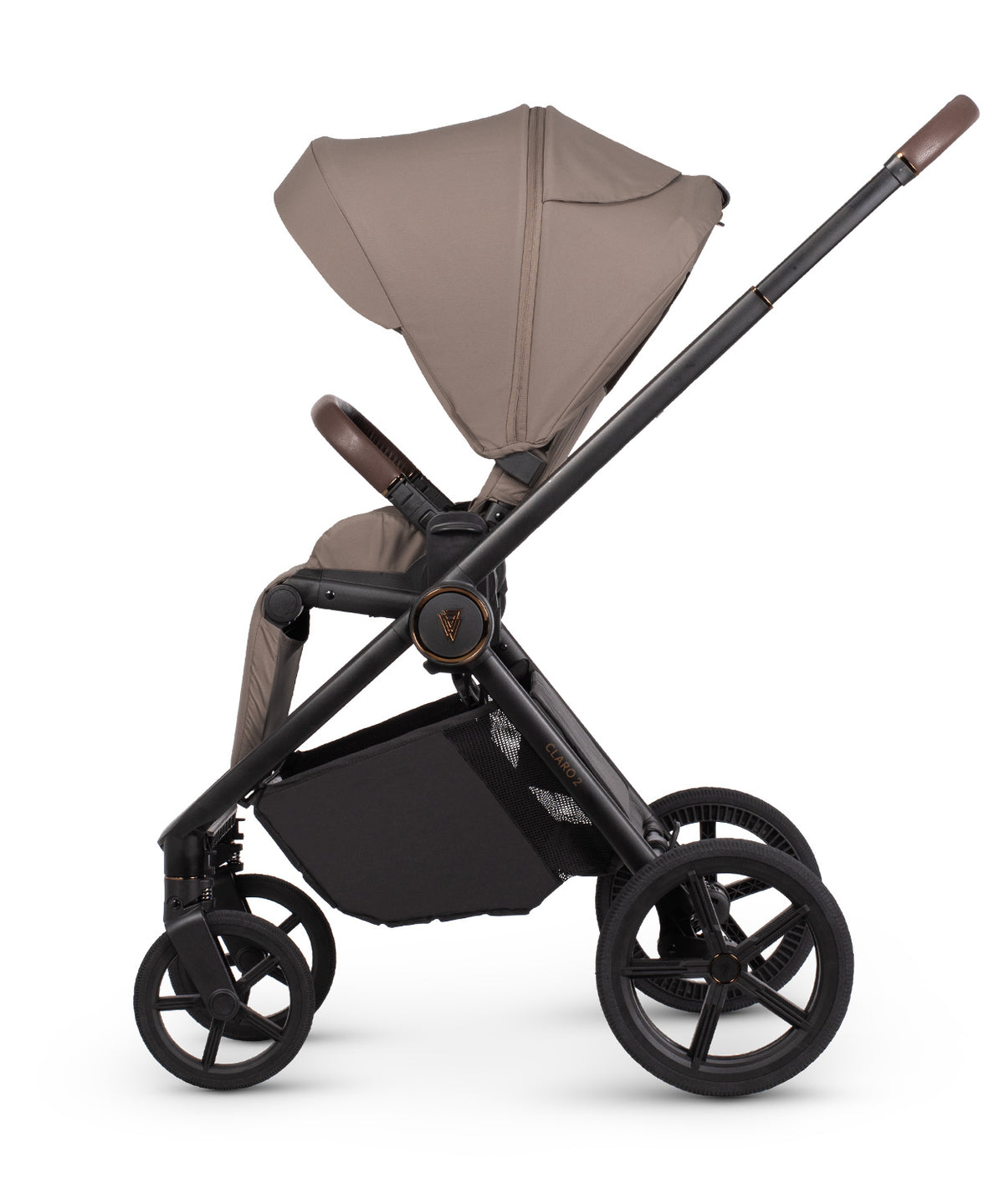 Veicci Claro 2 travel system in almond beige colour with matching accessories, complete with cybex cloud S car seat and isofix base.