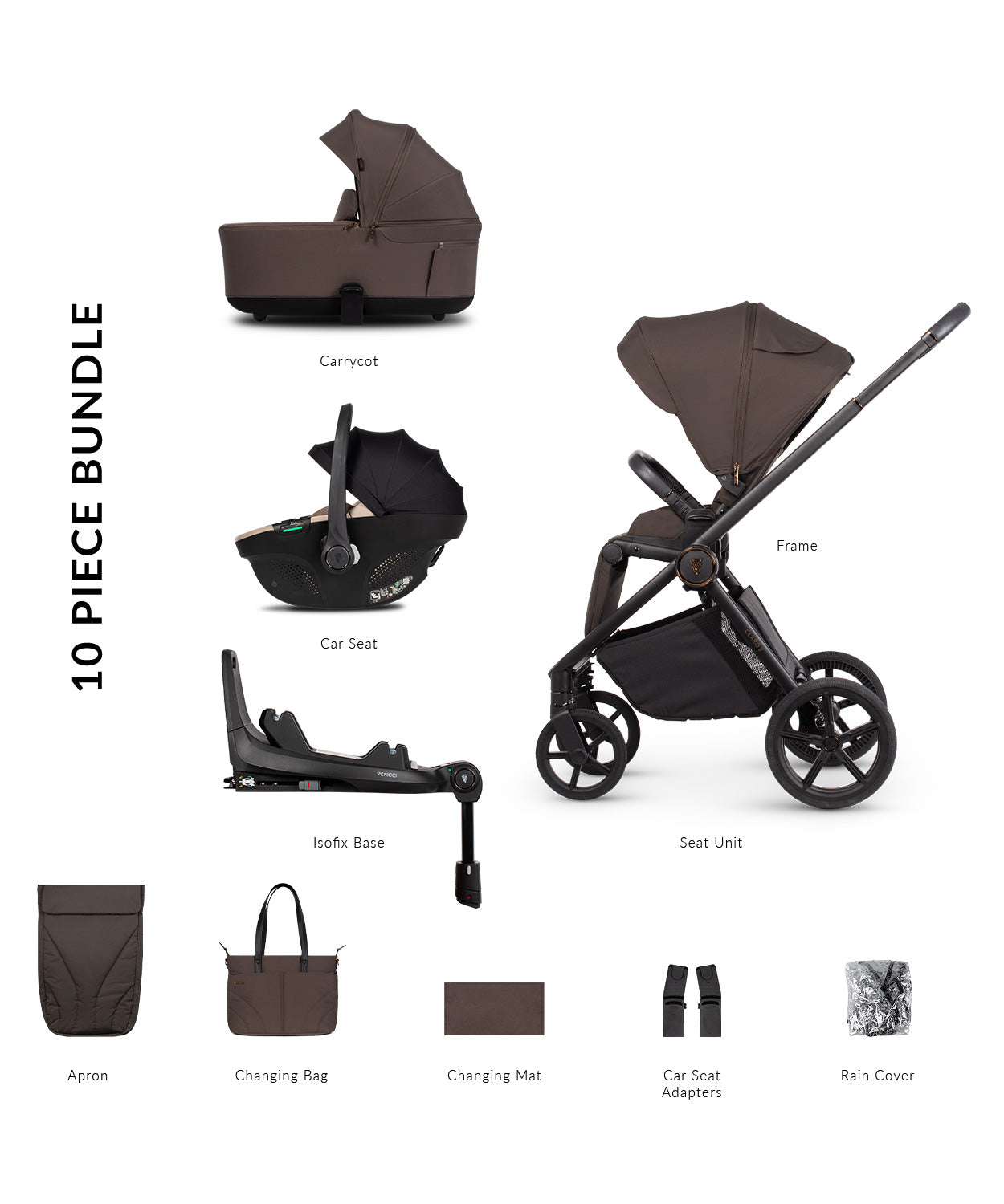 Venicci Claro 2 travel system in chocolate brown with tiago car seat and isofix base.