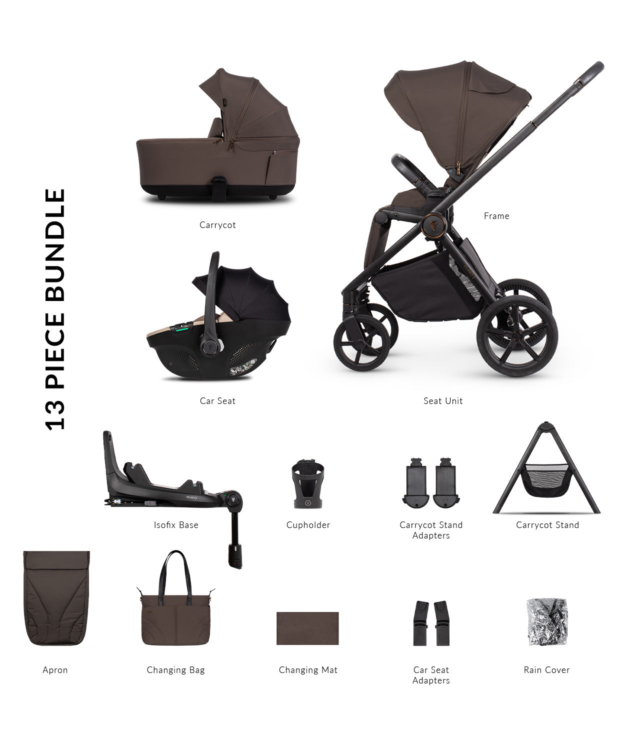 Venicci Claro 2 pram travel system in chocolate brown colour, with car seat and isofix base, carrycot stand and accessories.