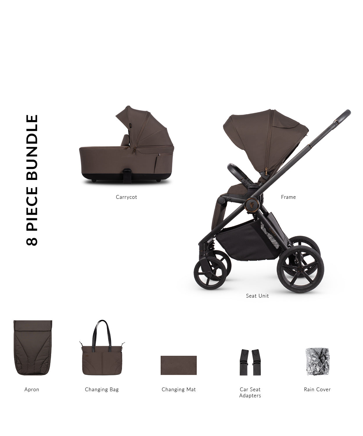 Venicci Claro 2 Stroller and carrycot in chocolate brown colour with accessories.
