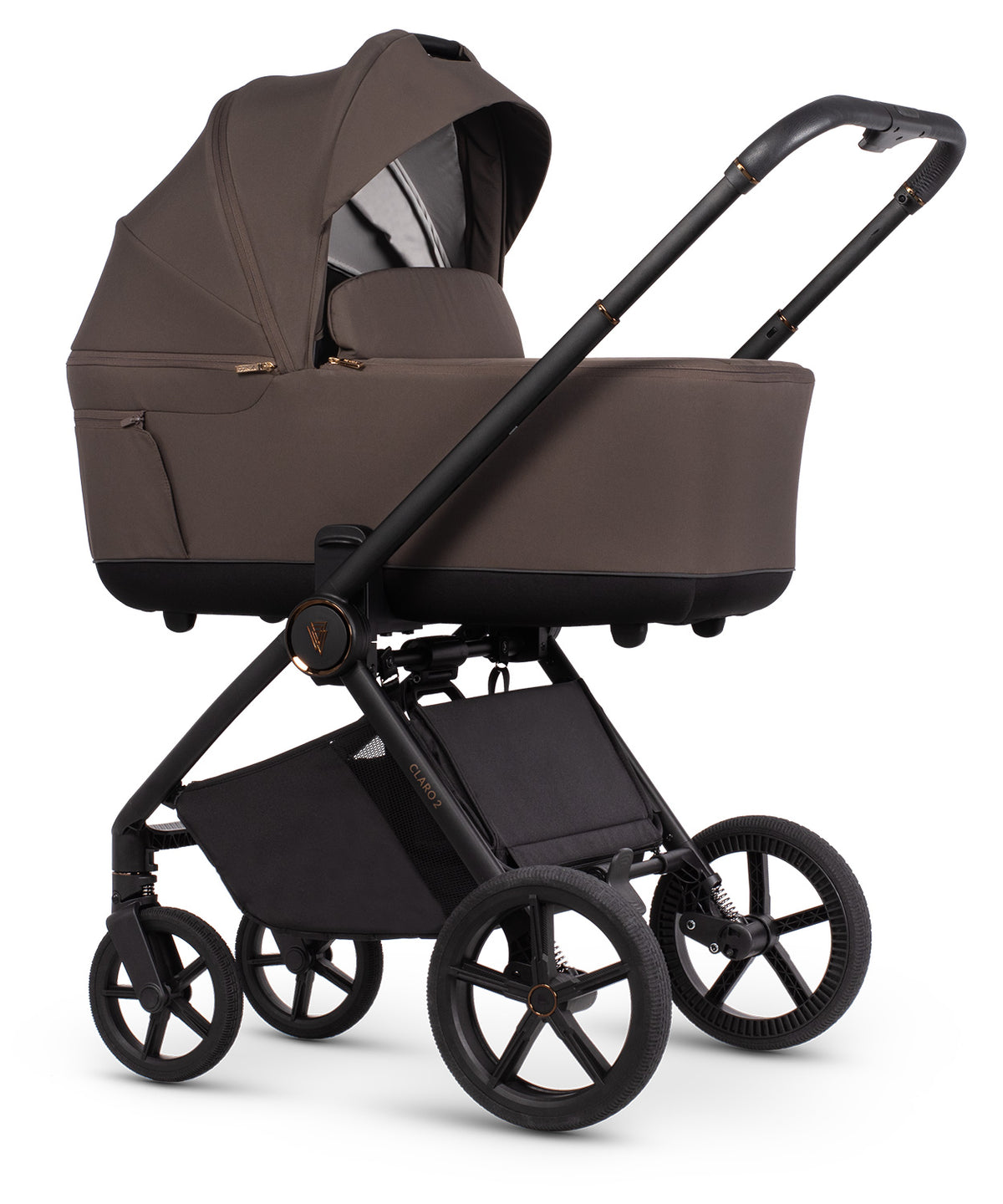 Veicci Claro 2 travel system in chocolate brown colour with matching accessories, complete with cybex cloud S car seat and isofix base.