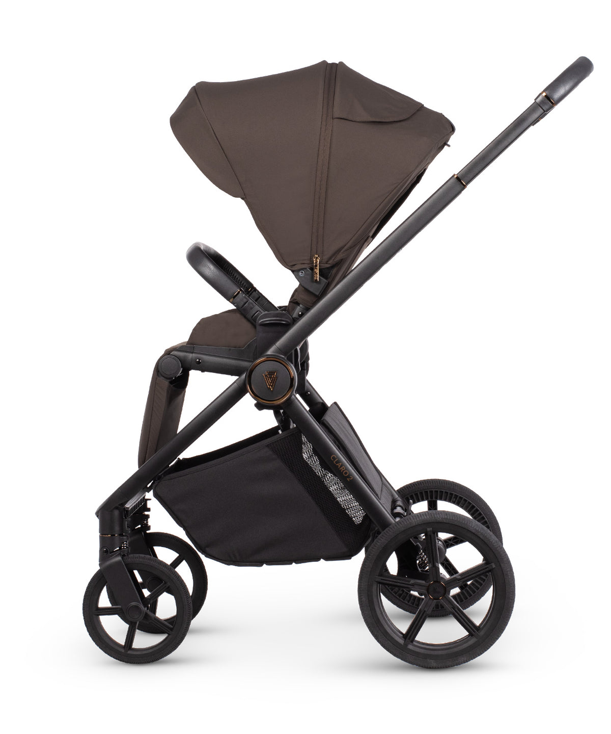 Veicci Claro 2 travel system in chocolate brown colour with matching accessories, complete with cybex cloud S car seat and isofix base.
