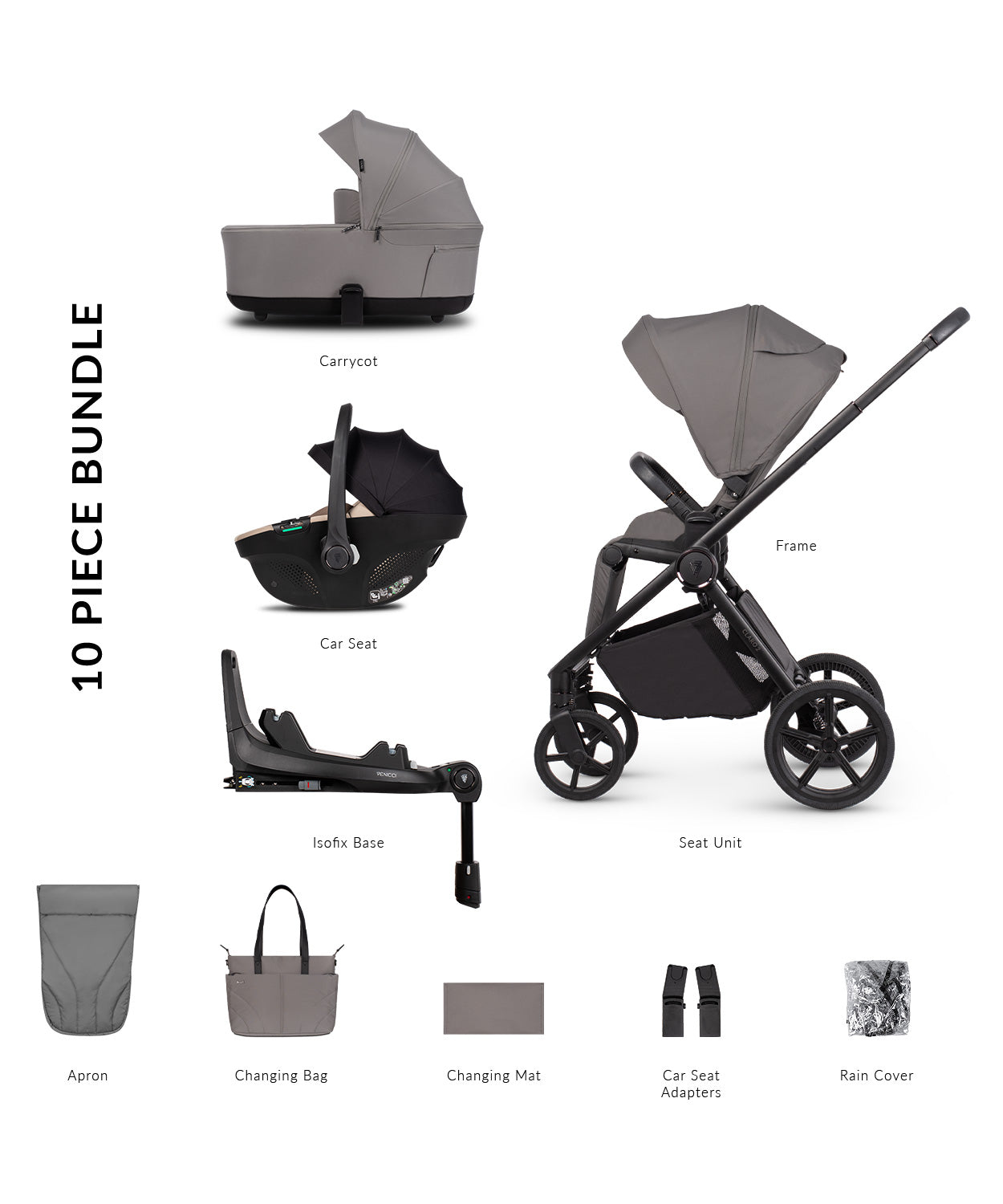 Venicci Claro 2 travel system in fog grey with tiago car seat and isofix base.